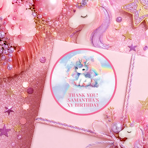 Dreamy Pink Purple Unicorn Girl Birthday Party Sti Classic Round Sticker