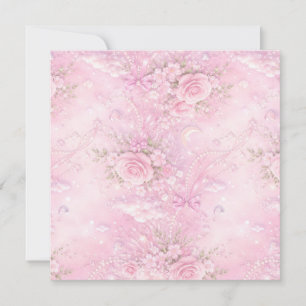 Dreamy Pink Rose Floral Pearls Bows Sparkle Pastel Thank You Card