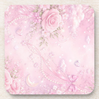 Dreamy Pink Rose Floral Pearls Bows Sparkles Coaster