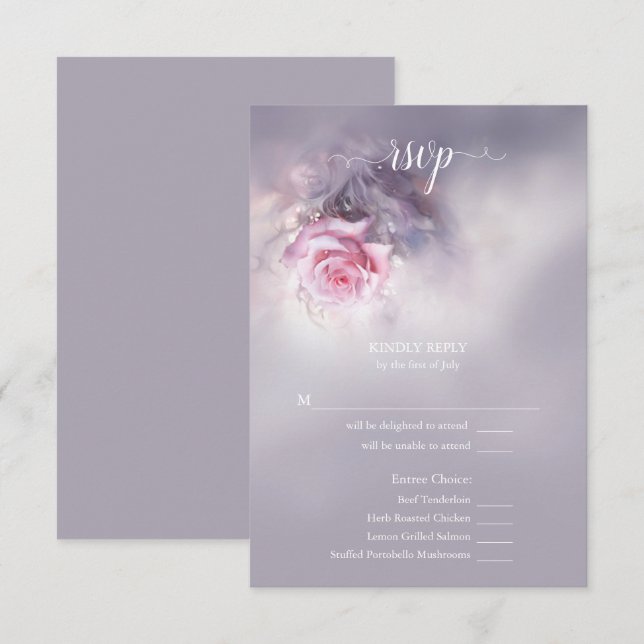 Dreamy Pink Rose on Dusty Lilac Meal Choice RSVP Card (Front/Back)