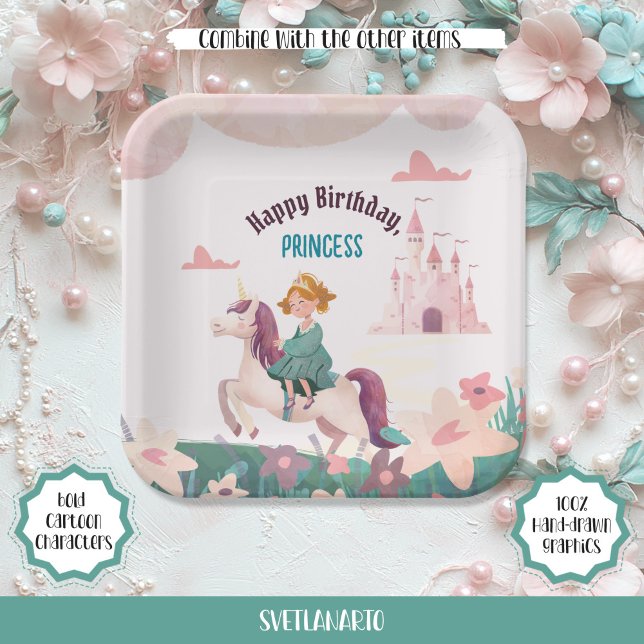 Dreamy Princess Riding Unicorn Square Paper Plate (Creator Uploaded)