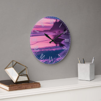 Dreamy Purple Pink Sunset Beach Ocean Landscape Ro Large Clock