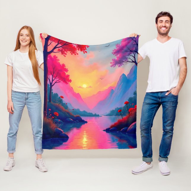 Dreamy River Sunset Serene Fantasy Mountains Fleece Blanket (In Situ)