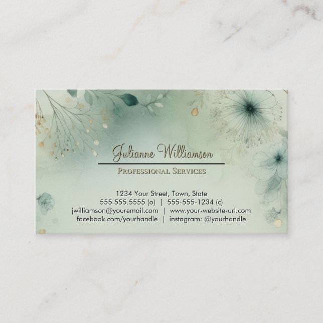 Dreamy Sage Green & Gold Watercolor Botanical Business Card (Front)