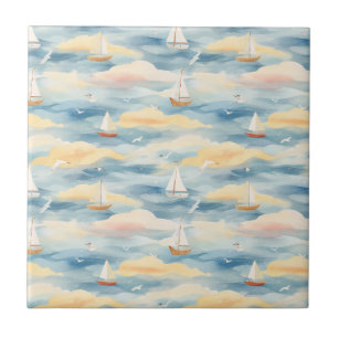 Dreamy Sailboats Ocean Watercolor Pattern (2) Tile