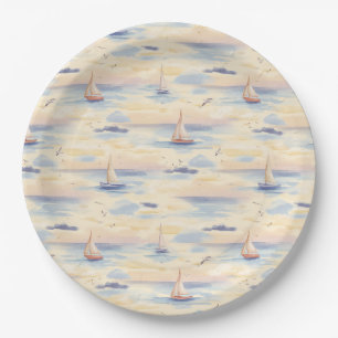 Dreamy Sailboats Ocean Watercolor Pattern (4) Paper Plate