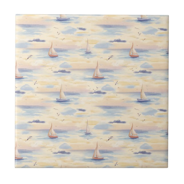 Dreamy Sailboats Ocean Watercolor Pattern (4) Tile (Front)