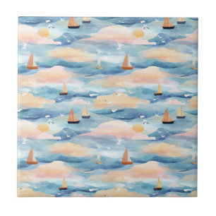Dreamy Sailboats Ocean Watercolor Pattern (5) Tile
