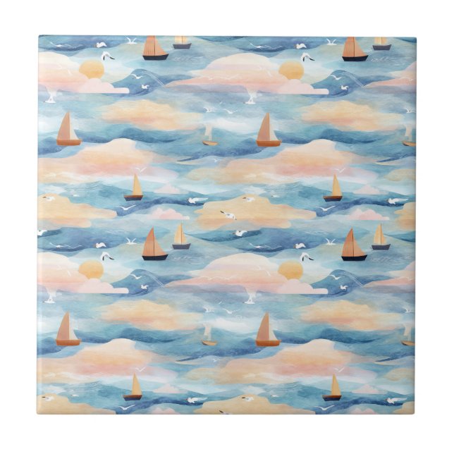 Dreamy Sailboats Ocean Watercolor Pattern (5) Tile (Front)