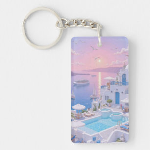 Dreamy Santorini Sunset Blue White Village Acrylic Key Ring