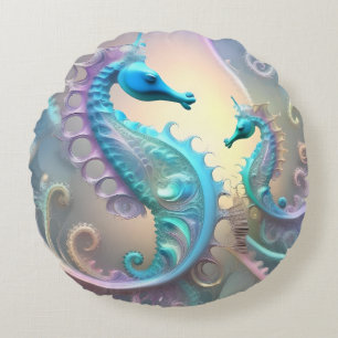 Dreamy Seahorses Pastel Fractal Art, Round Cushion