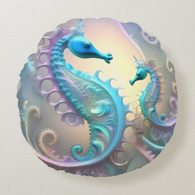 Dreamy Seahorses Pastel Fractal Art, Round Cushion (Front)