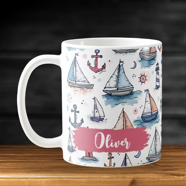 Dreamy Sketches of Sailboats Anchors & Lighthouses Coffee Mug (Creator Uploaded)