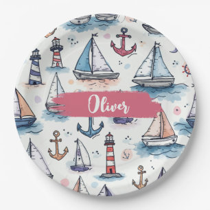 Dreamy Sketches of Sailboats Anchors & Lighthouses Paper Plate
