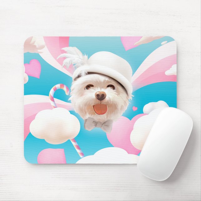 Dreamy Sky Puppy: Smiling Bichon with Hat & Clouds Mouse Pad (With Mouse)