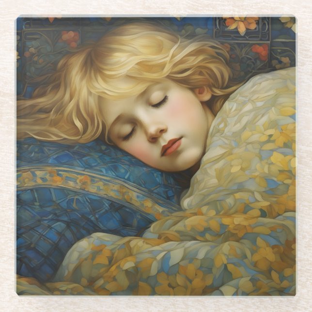 Dreamy Sleeping Child in Floral Quilt Glass Coaster (Front)
