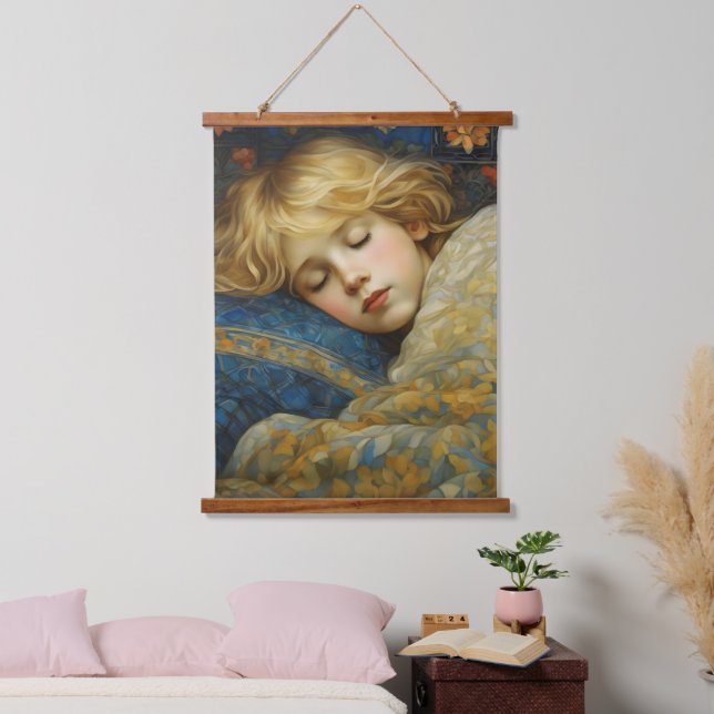 Dreamy Sleeping Child in Floral Quilt Hanging Tapestry (Bedroom)