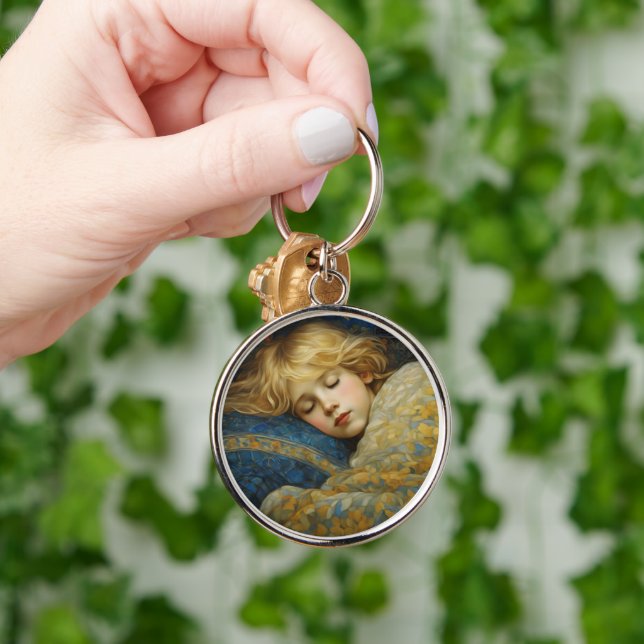 Dreamy Sleeping Child in Floral Quilt Key Ring (Hand)