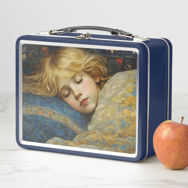 Dreamy Sleeping Child in Floral Quilt Metal Lunch Box (In Situ)