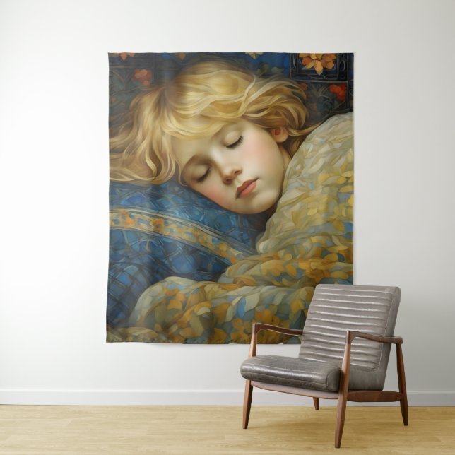 Dreamy Sleeping Child in Floral Quilt Tapestry (In Situ)