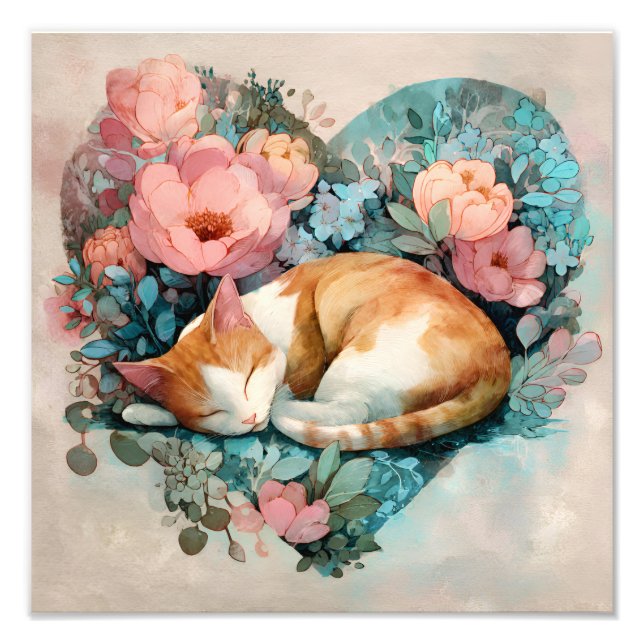 Dreamy Sleeping Ginger Cat Floral Watercolor Photo Print (Front)