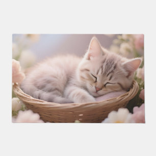 Dreamy Sleeping Kitten Floral Basket Doormat
