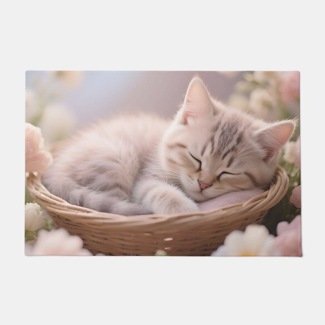 Dreamy Sleeping Kitten Floral Basket Doormat (Front)