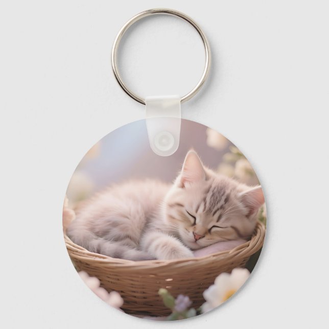 Dreamy Sleeping Kitten Floral Basket Key Ring (Front)
