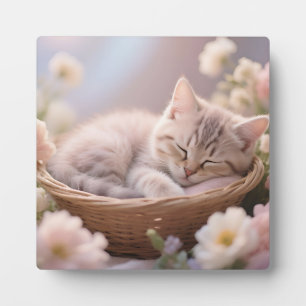 Dreamy Sleeping Kitten Floral Basket Plaque