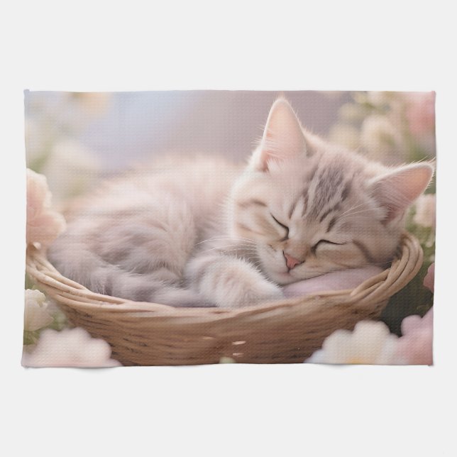 Dreamy Sleeping Kitten Floral Basket Tea Towel (Horizontal)