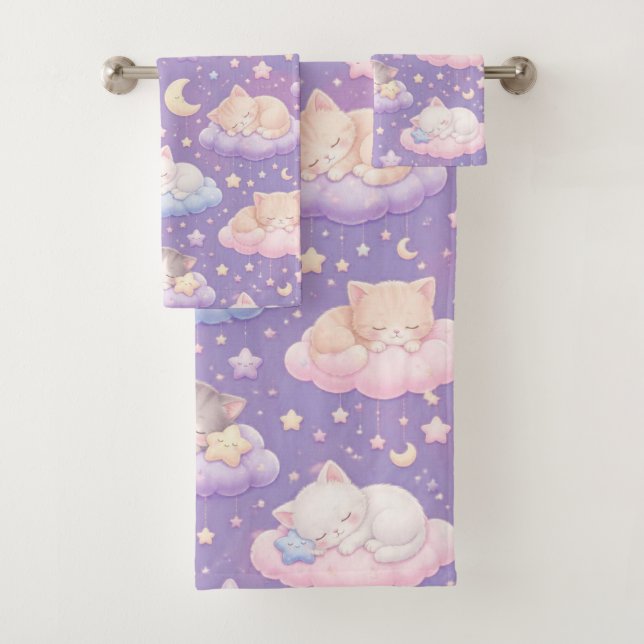 Dreamy Sleeping Kittens on Stars and Clouds Bath Towel Set (Insitu)