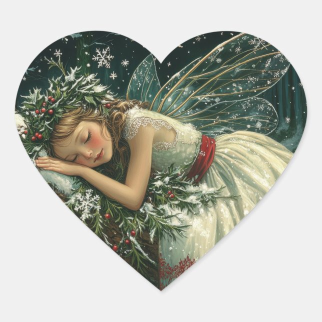 Dreamy Snow Fairy with Wings in Forest Winter  Heart Sticker (Front)