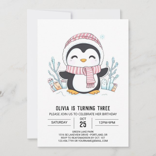 Dreamy Snowflake Penguin Digital Birthday Invitation (Front)