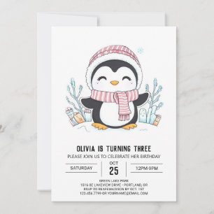 Dreamy Snowflake Penguin Digital Birthday Invitation
