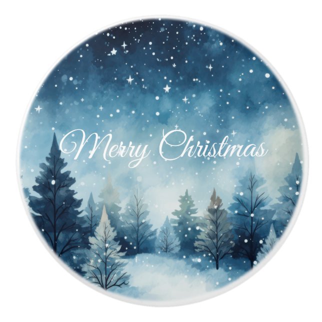 Dreamy snowy watercolor winter landscape ceramic knob (Front)
