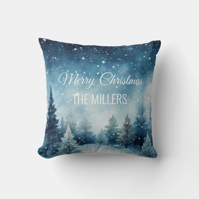 Dreamy snowy watercolor winter landscape cushion (Front)