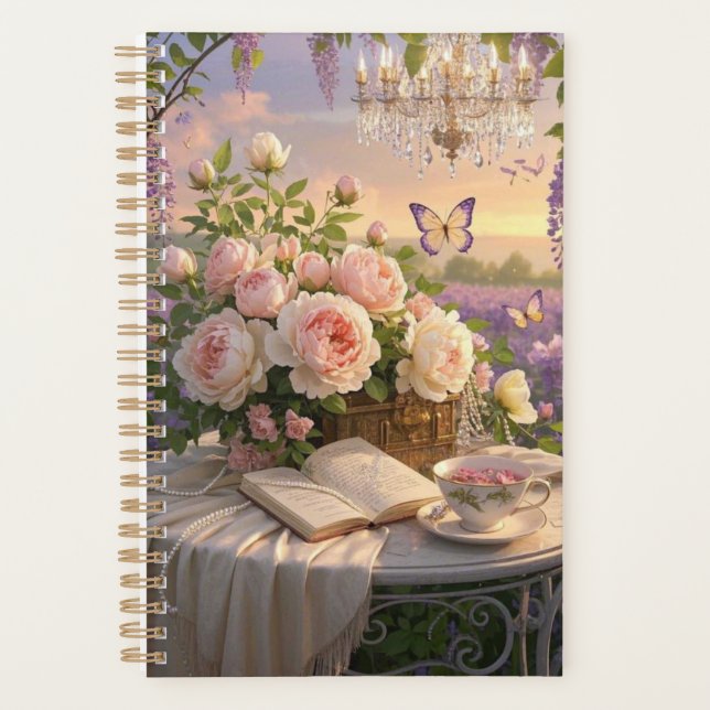 Dreamy, soft-focus scene of a lavish, Floral Planner (Front)