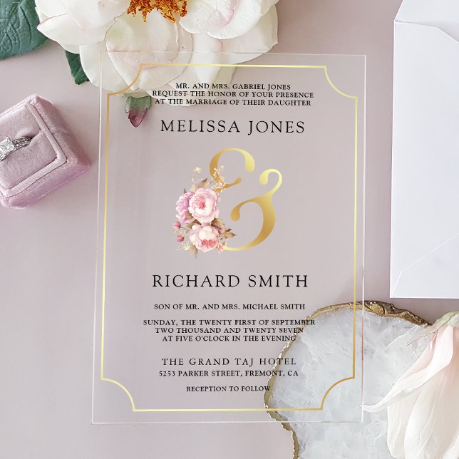Dreamy Soft Pink Floral Gold Wedding Acrylic Invitations (Creator Uploaded)