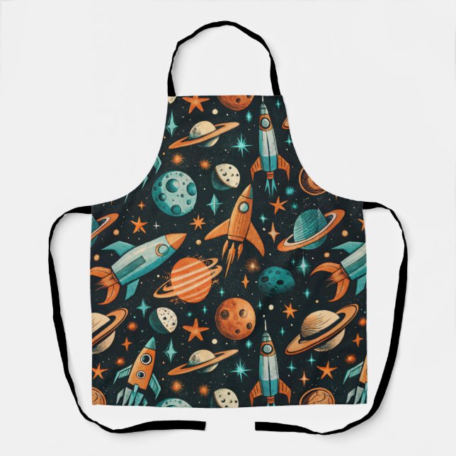 Dreamy Spacecore Planets Teal Orange Cosmic Apron (Front)