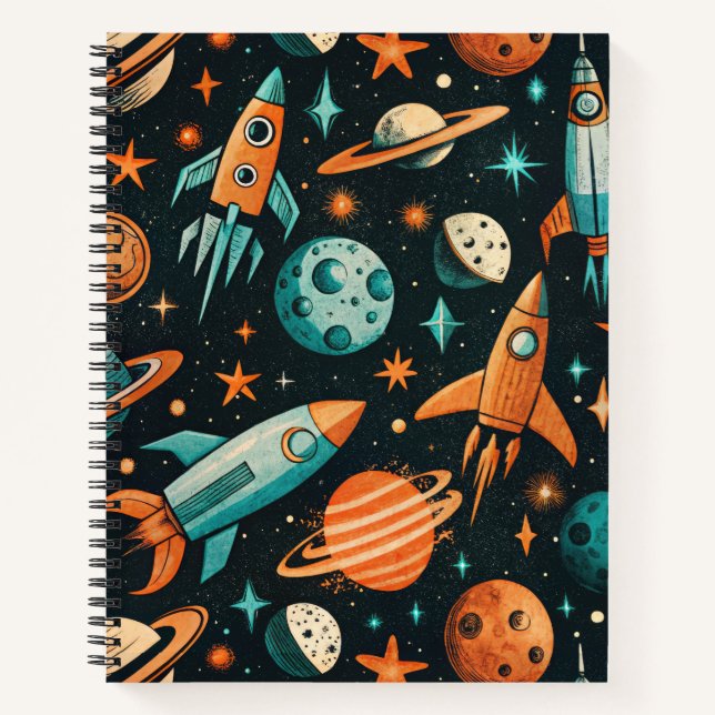 Dreamy Spacecore Planets Teal Orange Cosmic Notebook (Front)