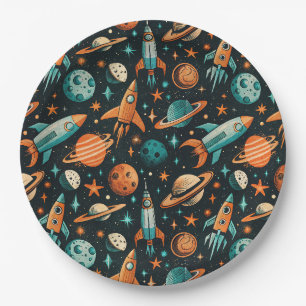 Dreamy Spacecore Planets Teal Orange Cosmic Paper Plate