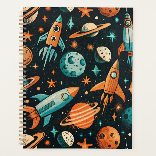 Dreamy Spacecore Planets Teal Orange Cosmic Planner (Front)