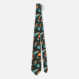 Dreamy Spacecore Planets Teal Orange Cosmic Tie