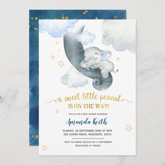 Dreamy Stars Blue Elephant Baby Shower Invitation (Front/Back)