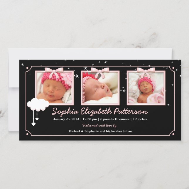 Dreamy Stars Three Photo Baby Birth Announcement (Front)
