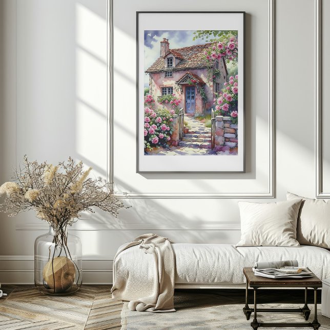 Dreamy Summer Village with Roses Poster (Dreamy Summer Village with Roses Poster Mockup 4)