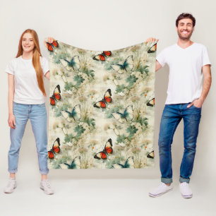Dreamy Teal Butterfly Cottage Garden Floral Fleece Blanket