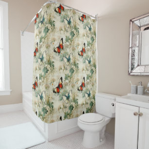 Dreamy Teal Butterfly Cottage Garden Floral Shower Curtain