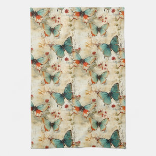 Dreamy Teal Butterfly Cottage Garden Floral Tea Towel