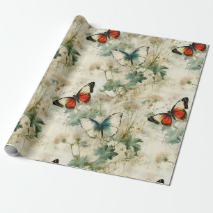 Dreamy Teal Butterfly Cottage Garden Floral Wrapping Paper